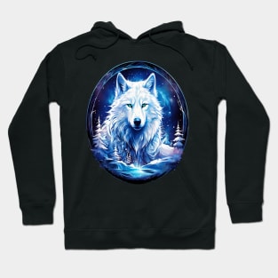 A White Wolf with Mountains, Floral Elements, Forests, Trees Hoodie